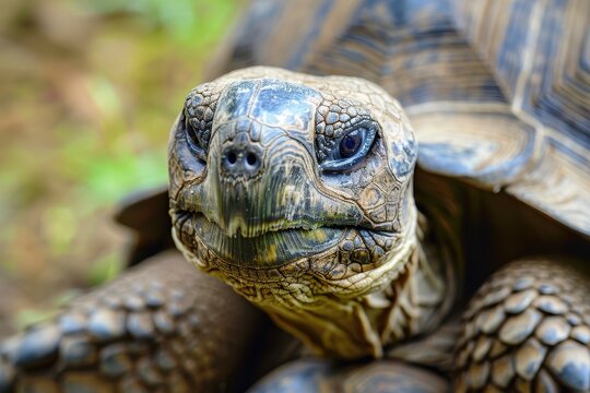 Close-up of a tortoise relaxing in its natural habitat, showcasing intricate shell patterns and focused expression under a greenery backdrop