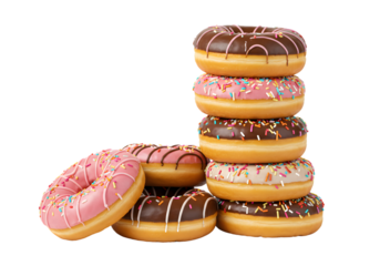 A delicious stack of colorful glazed donuts with sprinkles, emphasizing sweet indulgence, fun treats, and vibrant bakery delights.