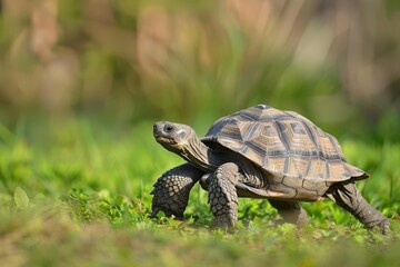 Obraz premium Large tortoise resting on the ground in a natural habitat surrounded by greenery in the early morning light