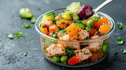 Healthy Mediterranean salad in glass bowl