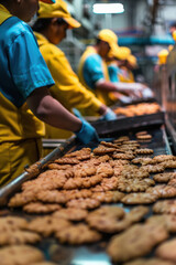 indian workers in yellow and blue uniforms at the cookie factory