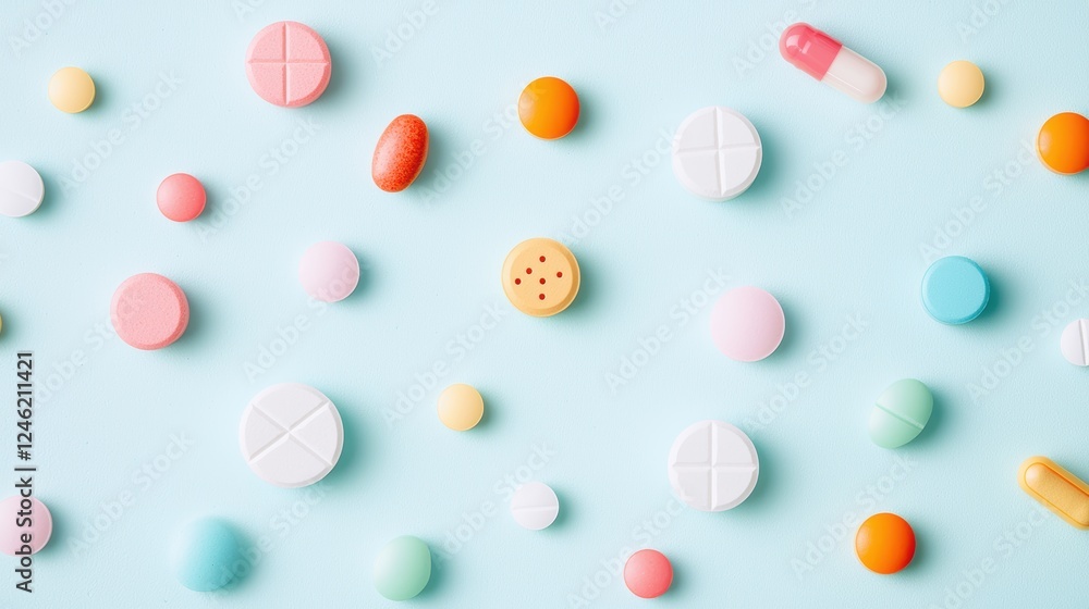 Poster an array of colorful pills and capsules arranged in a precise pattern on a sterile lab counter, repr