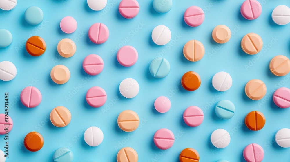 Poster an array of colorful pills and capsules arranged in a precise pattern on a sterile lab counter, repr
