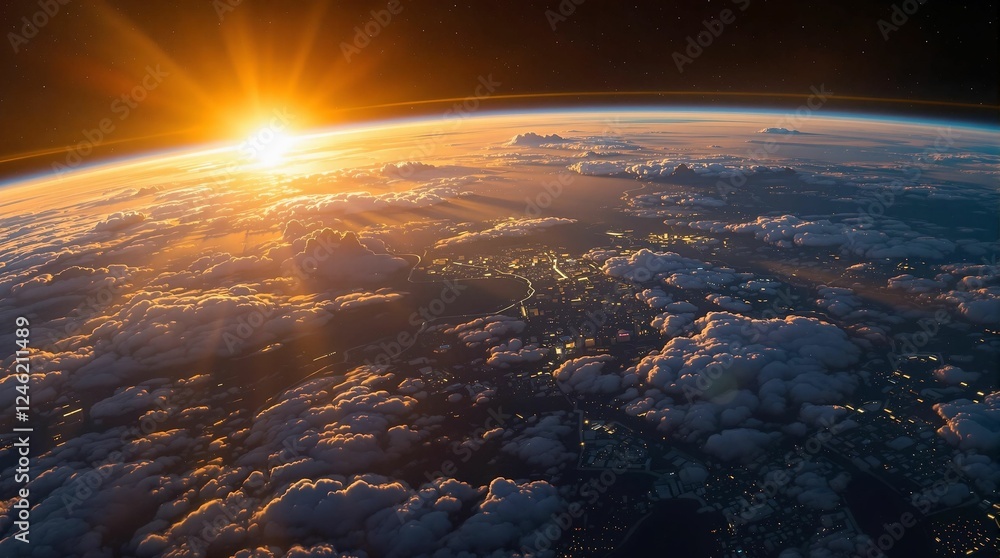 Poster a breathtaking view of earth from space, captured during what appears to be either dawn or dusk, wit