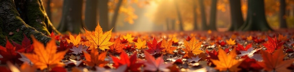 Golden red maple leaves scattered on the forest floor, colors, golden, leaves