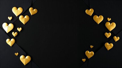 Gold Hearts Frame on Black Background. Elegant gold hearts arranged on a black geometric background, symbolizing love, luxury, and romance, perfect for celebrations, invitations.