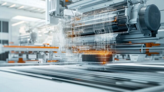 Innovative horizontal weaving machine creating geometrical patterns in industrial setting high-tech environment close-up view - Powered by Adobe