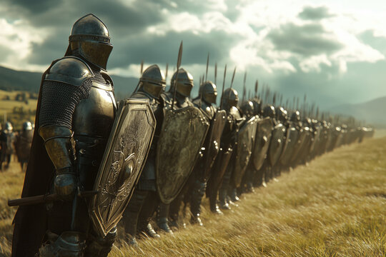 Row of soldiers in medieval armor preparing for battle on open field surrounded by hills under cloudy sky presenting strong defense and determination