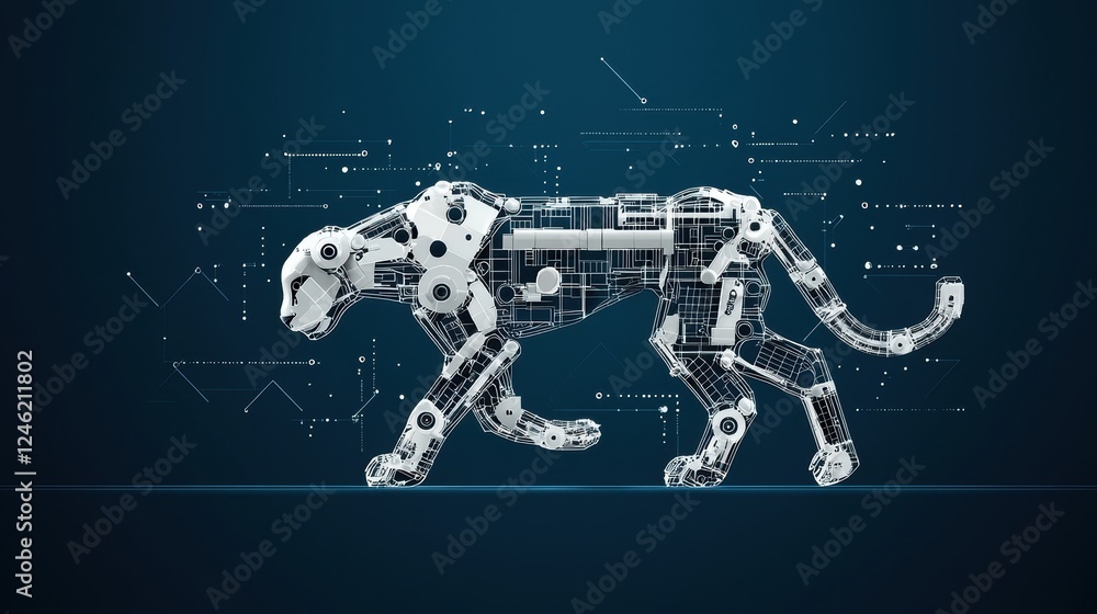 Poster a blueprint overlaying a robotic cheetah, highlighting the intricate design and engineering behind i