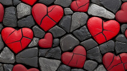 Obraz premium Cracked Red Hearts Among Dark Stones Texture