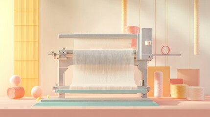 Minimalistic conceptual art of a weaving machine in a colorful studio environment