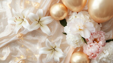A rich floral composition of white lilies, fresh pink peonies, and golden balloons with light sparkles on a textured, shimmering fabric illuminated by warm sunlight. Women's day, Mother's day