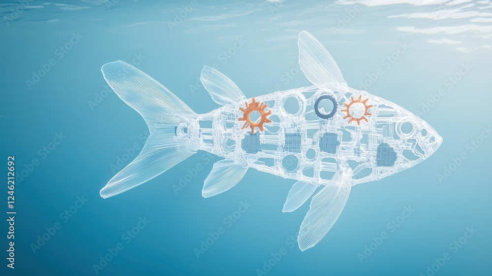 Poster a robotic fish submerged in a testing tank, its transparent body revealing the complex network of ge