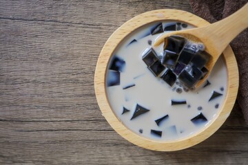 Fresh milk, grass jelly, eat, thai dessert, fresh, food, spoon, isolated, closeup, bowl,drink, liqid,milk,