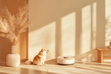 Curious Dog Observes Robot Vacuum Cleaner in Minimalist Living Room With Soft Lighting and Neutral Tones