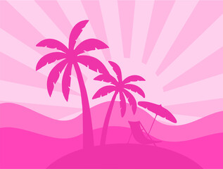 Tropical sunset background with pink palm trees, sun rays, rolling hills, and a beach chair under an umbrella, creating a relaxing summer vacation vibe