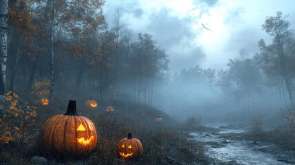 halloween pumpkins in the forest halloween holiday concept 3d rendering