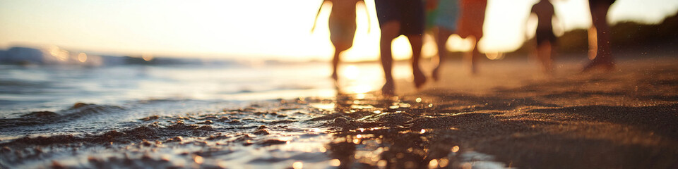 Silhouetted Figures Walking on Wet Sand at Sunset