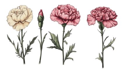 Watercolor painting shows pink and white carnation flowers in a set, on white background, botanical, nature, flowers, art, floral design.
