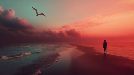A serene beach scene at sunset, reflecting off the calm waves of the ocean. A lone figure stands silhouetted in the foreground, creating a peaceful and introspective mood.