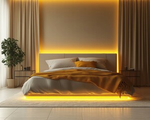 Modern bedroom with warm lighting and decor.
