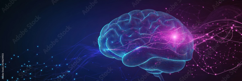 Poster scientific depiction of the brain and nervous system with glowing neuron pathways and electrical pul