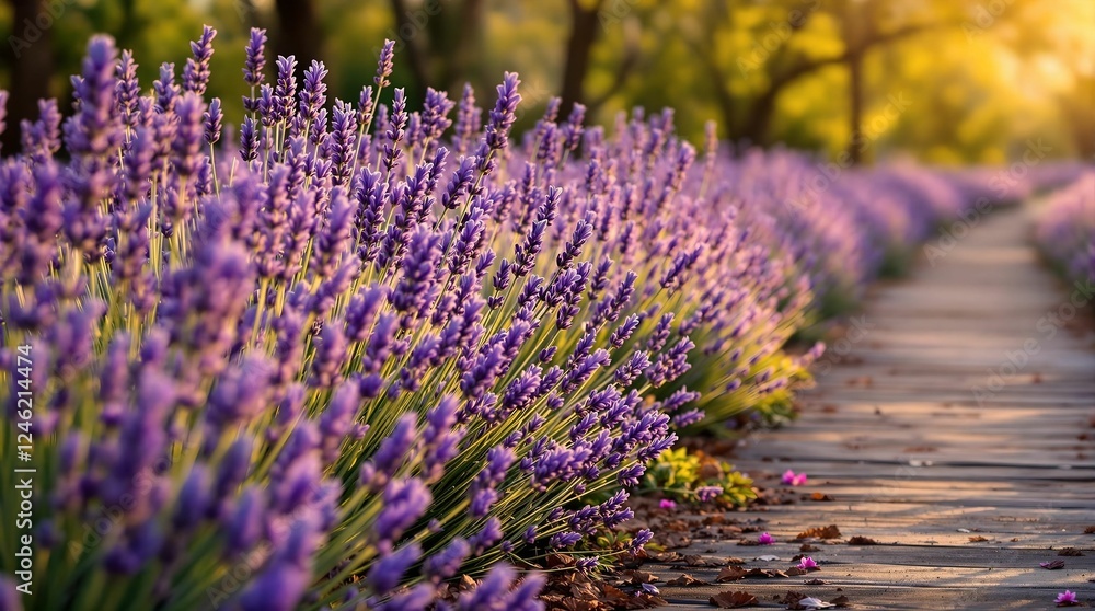 Poster a tranquil scene of a lavender field bathed in the soft glow of the setting or rising sun, with a pa