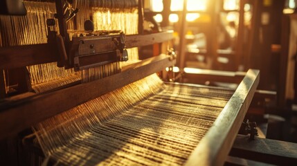 Vintage weaving machine demonstration workshop photography warm lighting close-up textile artistry