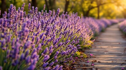 Obraz premium A tranquil scene of a lavender field bathed in the soft glow of the setting or rising sun, with a pathway lined with vibrant purple flowers leading the eye towards the horizon. The trees in the backgr