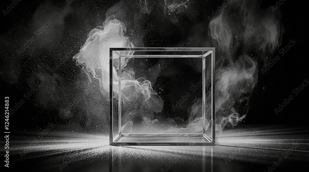 Poster a monochromatic, high-contrast scene featuring a transparent, rectangular box suspended in a haze of