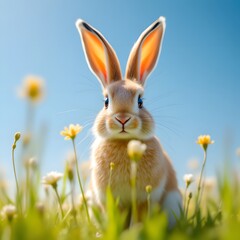 Obraz premium Adorable Bunny Among Bright Spring Flowers in a Vibrant Meadow Setting