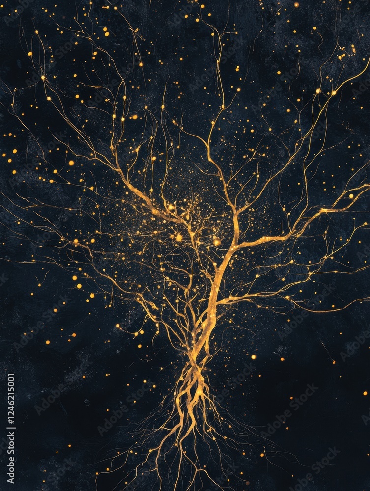 Poster scientific depiction of a brain and nervous system showing glowing neuron pathways and electrical pu