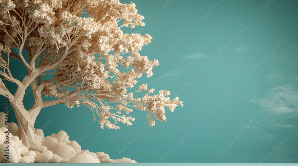 Poster bold geometric representation of trees against a serene blue background with soft clouds in the scen