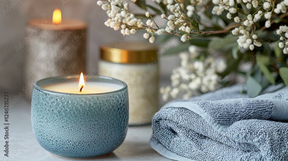Poster soft light from glowing candles enhances a calm ambiance, while a textured towel and delicate blooms