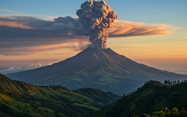 Active Volcano Eruption with Smoke and Ash in Scenic Landscape