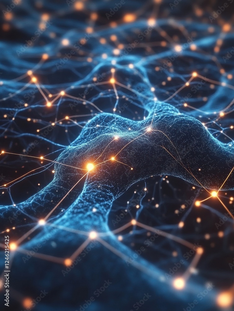 Poster glowing neural connections network in abstract digital space. generative ai