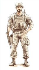 Fototapeta premium Soldier standing confidently with weapon in military gear against white background