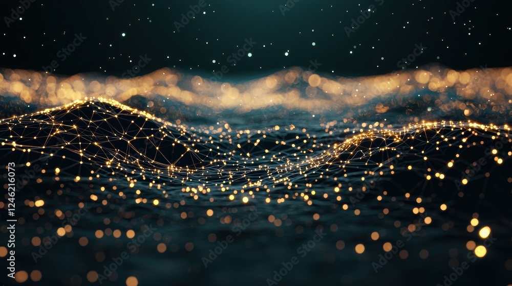 Poster a network of interconnected nodes and glowing lines forming a complex, three dimensional web, repres