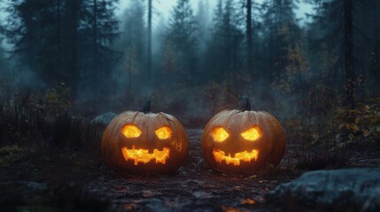 halloween pumpkins with scary faces in the forest halloween concept copy space