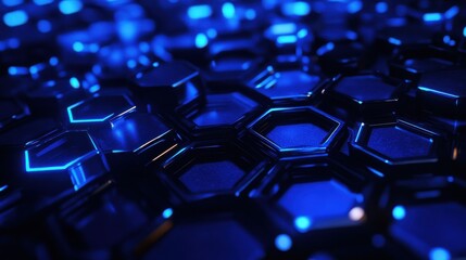 Obraz premium Abstract technology connect concept blue geometric hexagons pattern with glowing light on dark background. Medical, tech or science design. Vector illustration