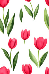 Obraz premium Watercolor seamless pattern of cute minimalistic tulips. Red and green colors isolated on white backdrop
