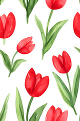 Obraz premium Watercolor seamless pattern of cute minimalistic tulips. Red and green colors isolated on white backdrop
