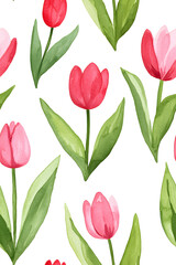 Obraz premium Watercolor seamless pattern of cute minimalistic tulips. Red and green colors isolated on white backdrop