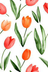 Obraz premium Watercolor seamless pattern of cute minimalistic tulips. Red and green colors isolated on white backdrop