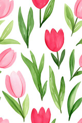 Obraz premium Watercolor seamless pattern of cute minimalistic tulips. Red and green colors isolated on white backdrop
