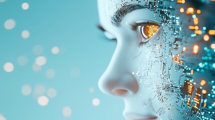 A futuristic robot head with glowing eyes and intricate circuitry, representing the potential of artificial intelligence to mimic and even surpass human intelligence.