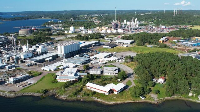 Pan drone shot of Borealis, Stenungsund industry for polyolefins and base chemicals in Sweden
