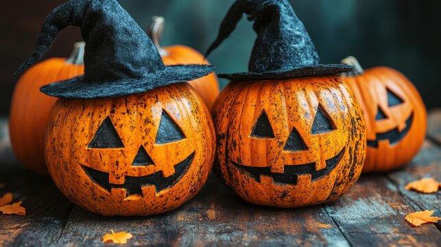 halloween pumpkins with witch hat on wooden table halloween concept