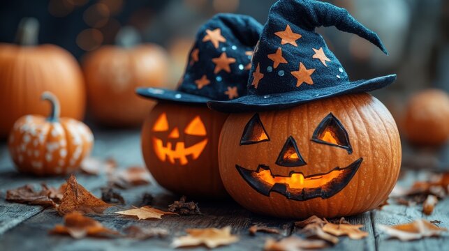halloween pumpkins with witch hat on wooden table halloween concept