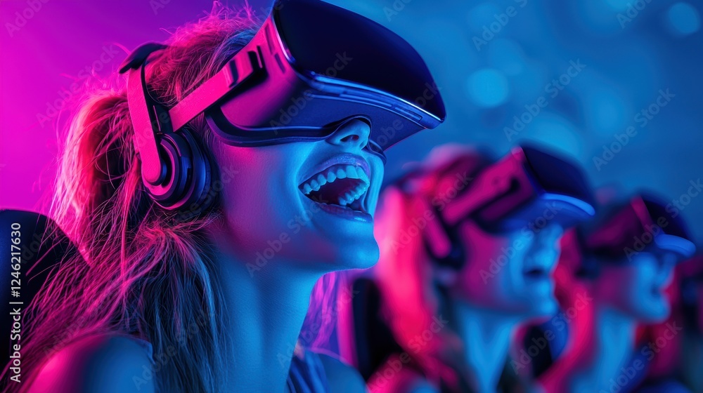 Poster a group of friends playing a virtual reality game together, laughing and interacting with each other